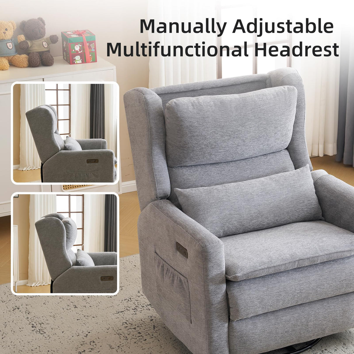 Rhevoy Oversized Swivel Rocker Recliner Chair, 26" Extra Wide Glider Nursery Chair with Adjustable Headrest, Chenille Power Recliner Rocking with Double Cushion, Cup Holder, Grey Rhevoy