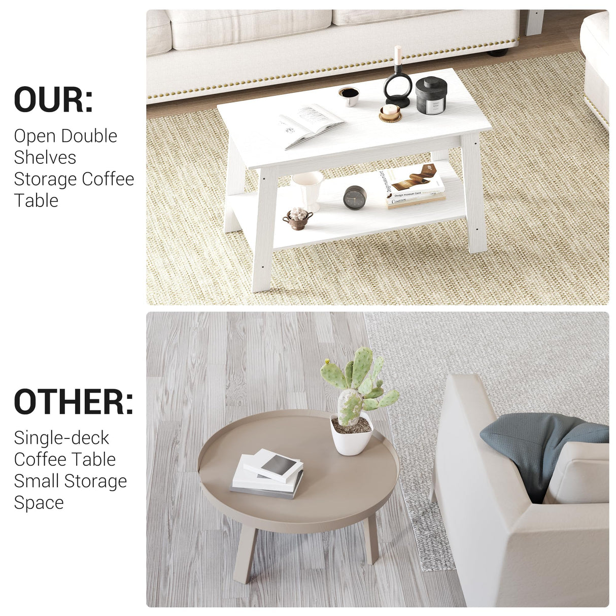 Coffee Table, 31.49'' Small Living Room Tables, 2-Tier Rustic Coffee Table for Living Room, Modern Farmhouse Style Rectangular Wood Table for Outdoors, Home Office, Bedroom, Apartment, White IDEALHOUSE