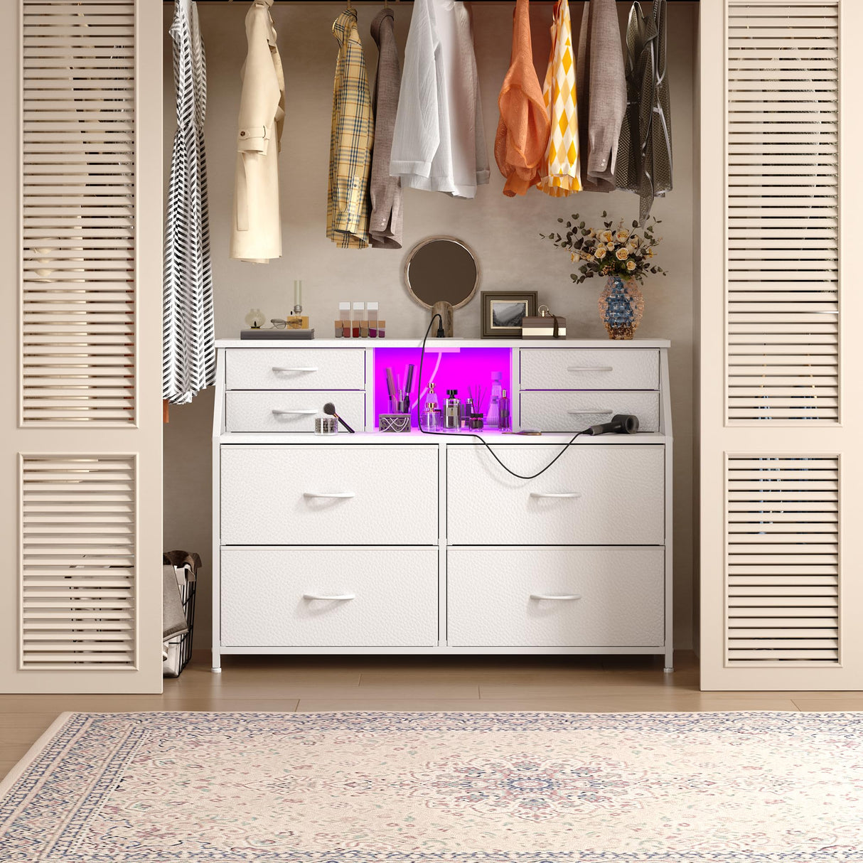 Romorgniz Dresser for Bedroom with Charging Station and LED, Sturdy Chest of Drawers with 8 Drawers and Two Open Shelves for Storage,Bedroom, Living Room,Hallway (White) Romorgniz