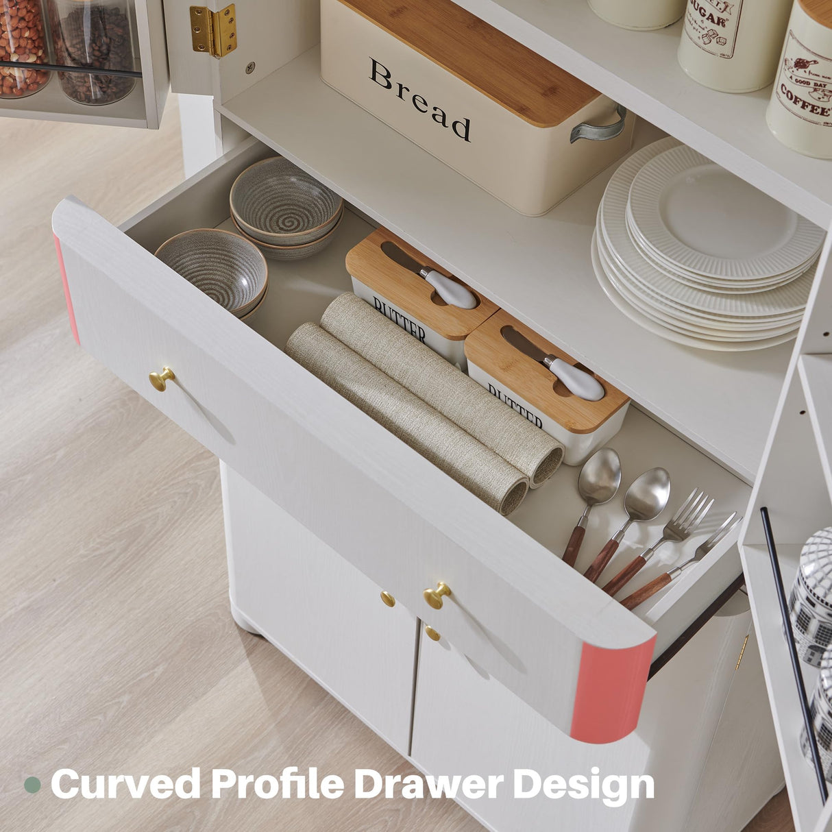 IFGET 71" Tall Kitchen Pantry, Modern Curved Pantry Storage Cabinet with 4 Doors and 6 Adjustable Shelves, Cupboard for Kitchen, Dining Room, Living Room and Bathroom, White IFGET