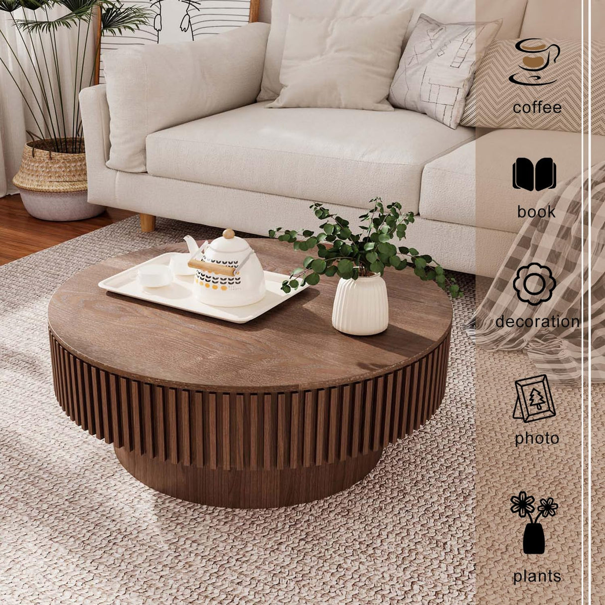 Round Coffee Table with Storage, Modern Wooden Coffee Table with Solid Wood Veneered, Circle Center Table Accent Tea Table for Living Room Apartment Small Space (31.5''L × 31.5''W × 14''H, Walnut) FGXJY
