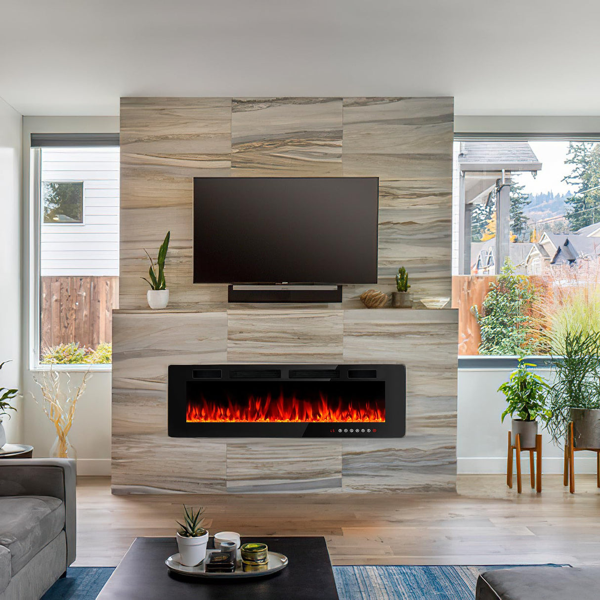 BOSSIN 72 inch Electric Fireplace Recessed and Wall Mounted, Ultra-Thin Silence Linear Electric Fireplace, 12 Adjustable Flame Color & Speed,750/1500W,Touch Screen Remote Control with 8h Timer BOSSIN