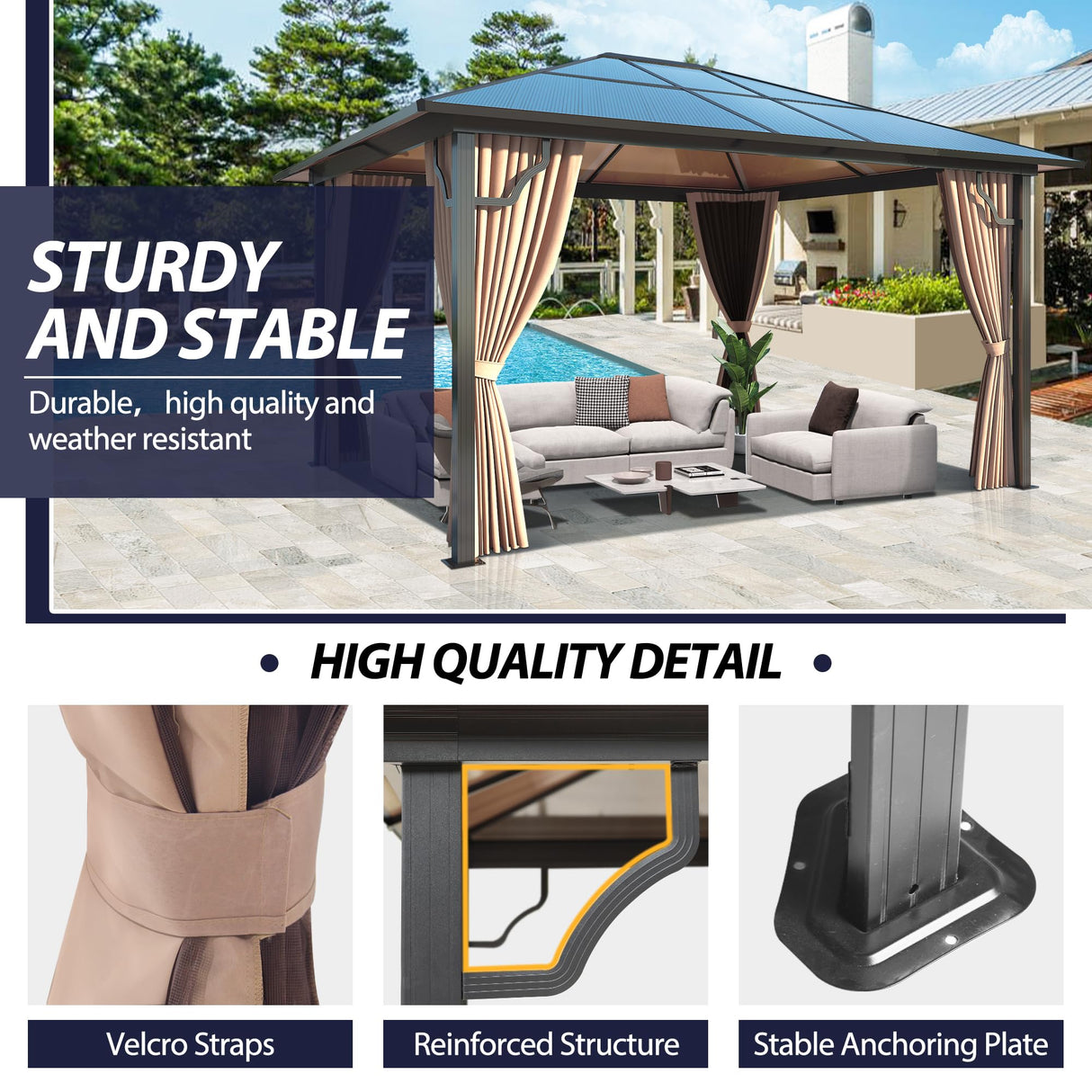 Raysfung 10'x12' Hardtop Gazebo, Outdoor Polycarbonate Roof Gazebo with Aluminum Frame Permanent Pavilion with Netting& Curtains for Garden, Patio,Yard Raysfung