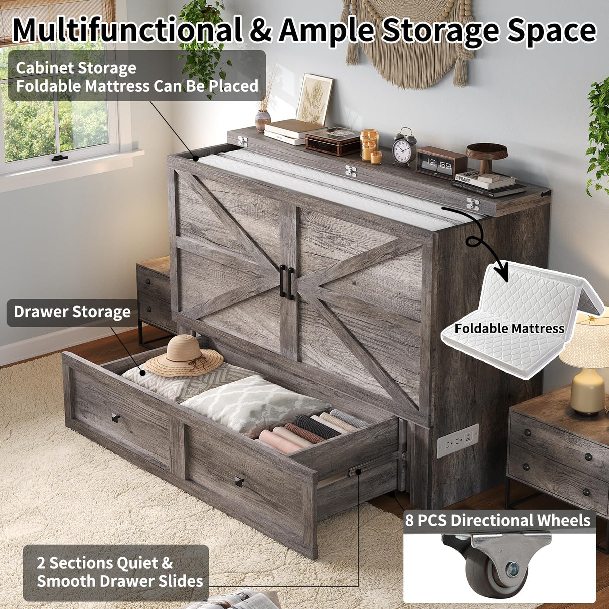 LUXOAK Murphy Bed Queen Size Cabinet Bed with Charging Station, Large Storage Drawer for Home Office or Small Room, Hideaway Bed Full Foldable Platform Bed, Rustic Grey LUXOAK