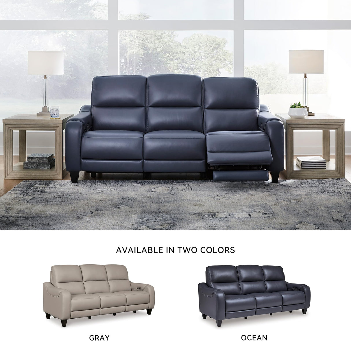 Signature Design by Ashley Mercomatic Contemporary Leather Match Wall Hugger Power Reclining Sofa with Adjustable Headrest and USB Ports, Blue Signature Design by Ashley