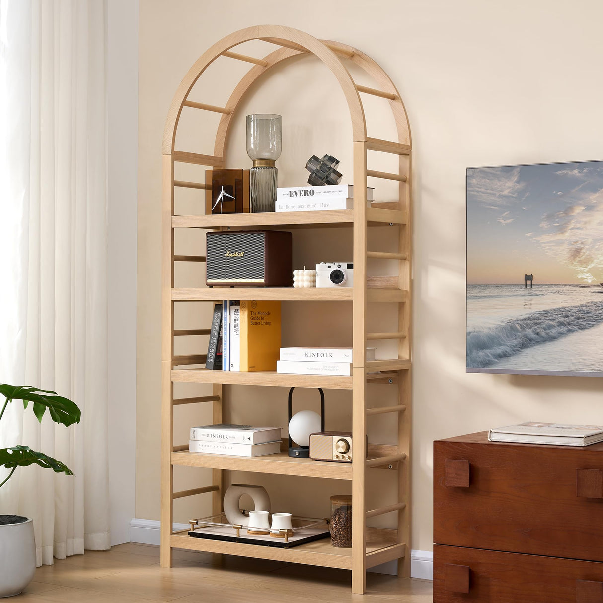 YUCHIATH 5-Tier Solid Wood Open Bookcase, Modern Arched Bookshelf, Home Office Shelf Storage Organizer, Storage Display Rack Shelf for Living Room (Natural) YUCHIATH