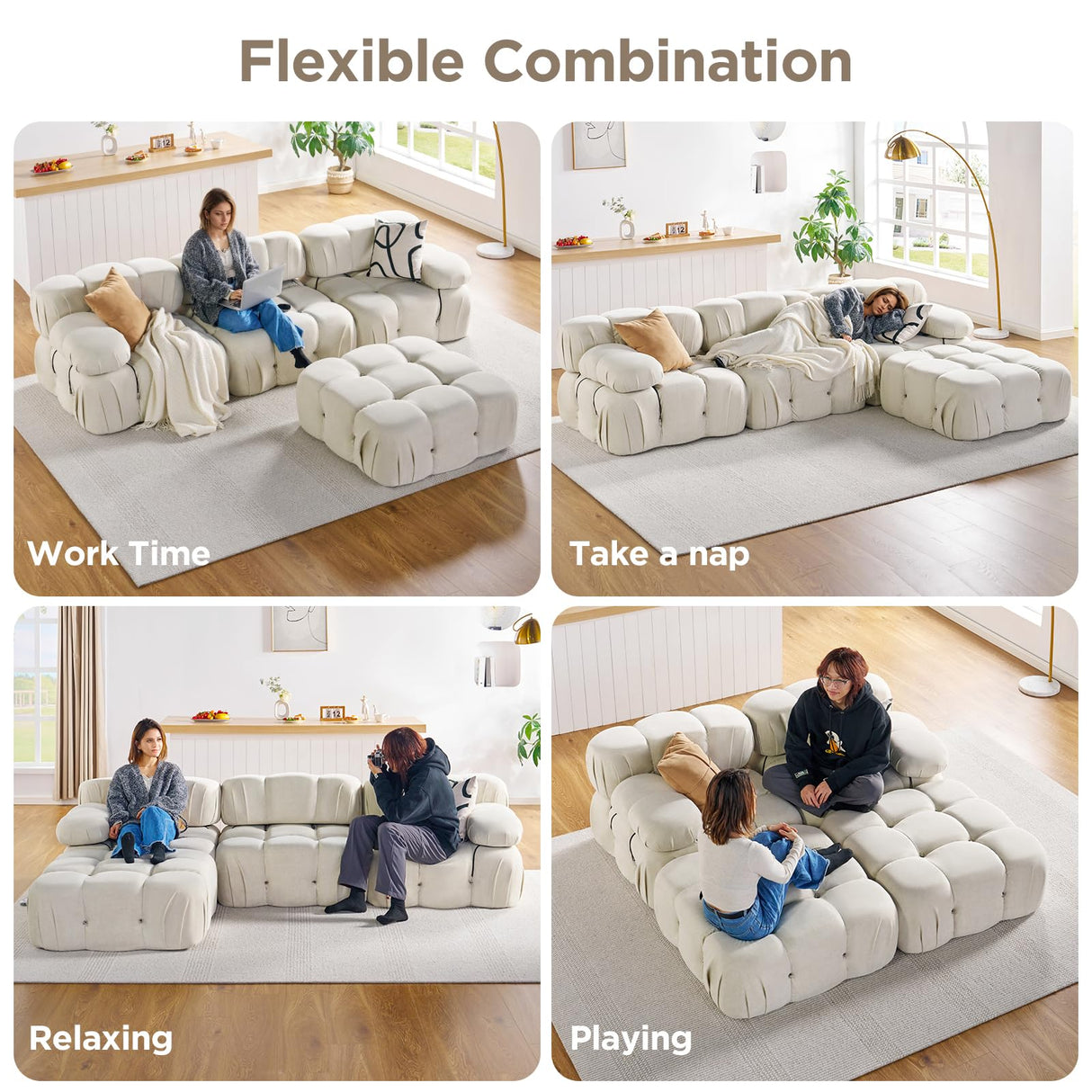 Jocisland 110'' Modular Compression Sectional Sofa Couches for Living Room Apartment, Oversize L Shaped Cloud Couch with Reversible Chaise Ottoman, Comfy Modern 4 Seater Boucle Floor Loveseat, Beige Jocisland