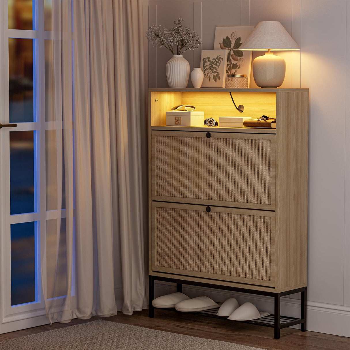 IKIFLY Natural Rattan Shoe Cabinet with LED Light, Shoe Rack Cabinet with 2 Flip Drawers & Open Shelves, Narrow Shoe Cabinet with Metal Legs, Shoe Storage Cabinet for Entryway, Living Room, Apartment IKIFLY
