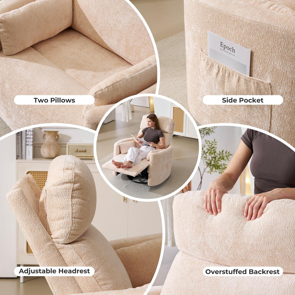 Oversized Swivel Rocker Recliner with Massage and Heat, 26" Swivel Nursery Recliner With Adjustable Headrest, Manual Rocker Recliner Chair with Two Removable Pillows, High Back Barrel Armchair, Beige Rhevoy