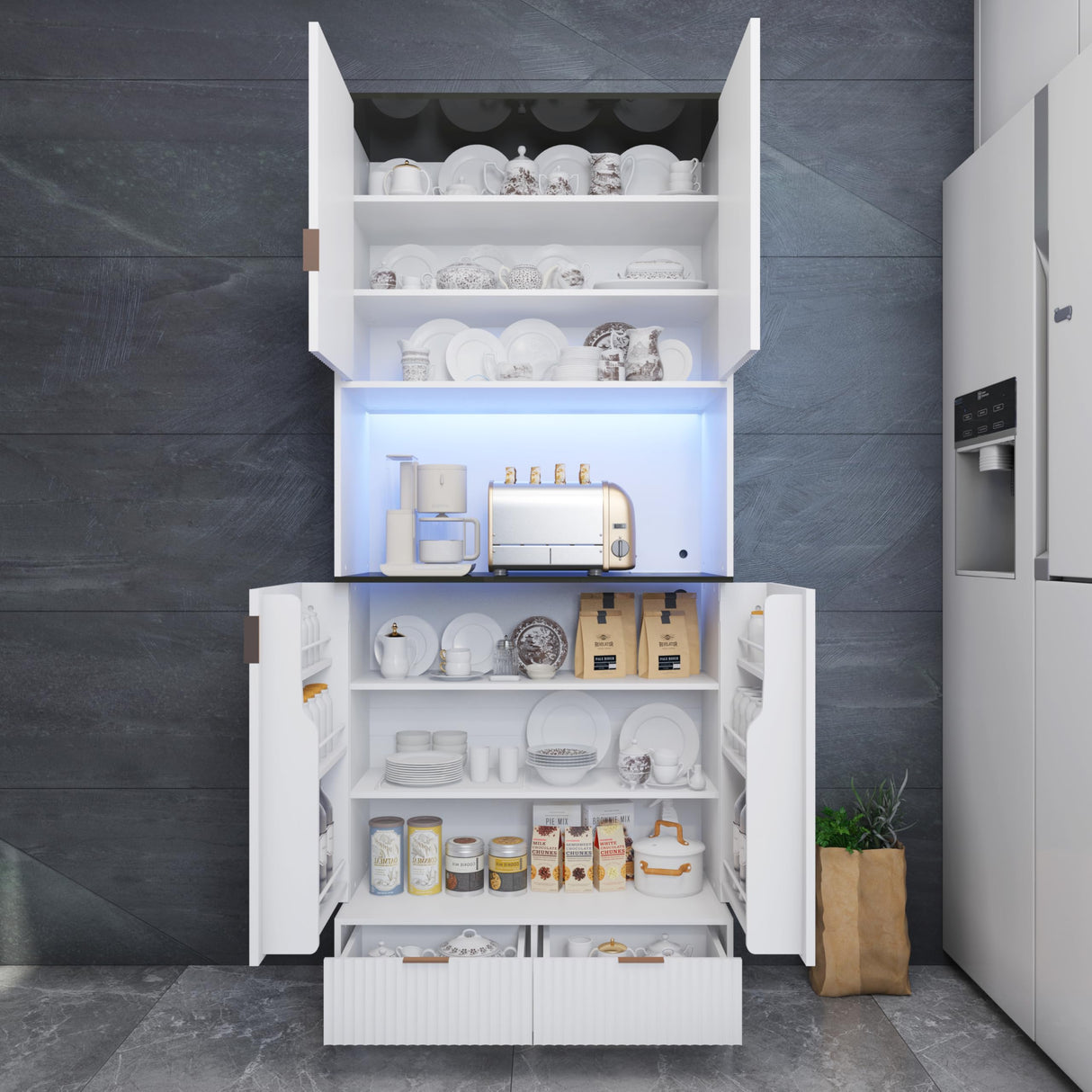 Fluted Pantry Cabinet,71.7'' Tall Kitchen Pantry Cabinet with LED Light & Charging Station, Kitchen Storage cabinets with 2 Drawers, Adjustable Shelves&Open Countertop for Dining Room, White Lezyhaus