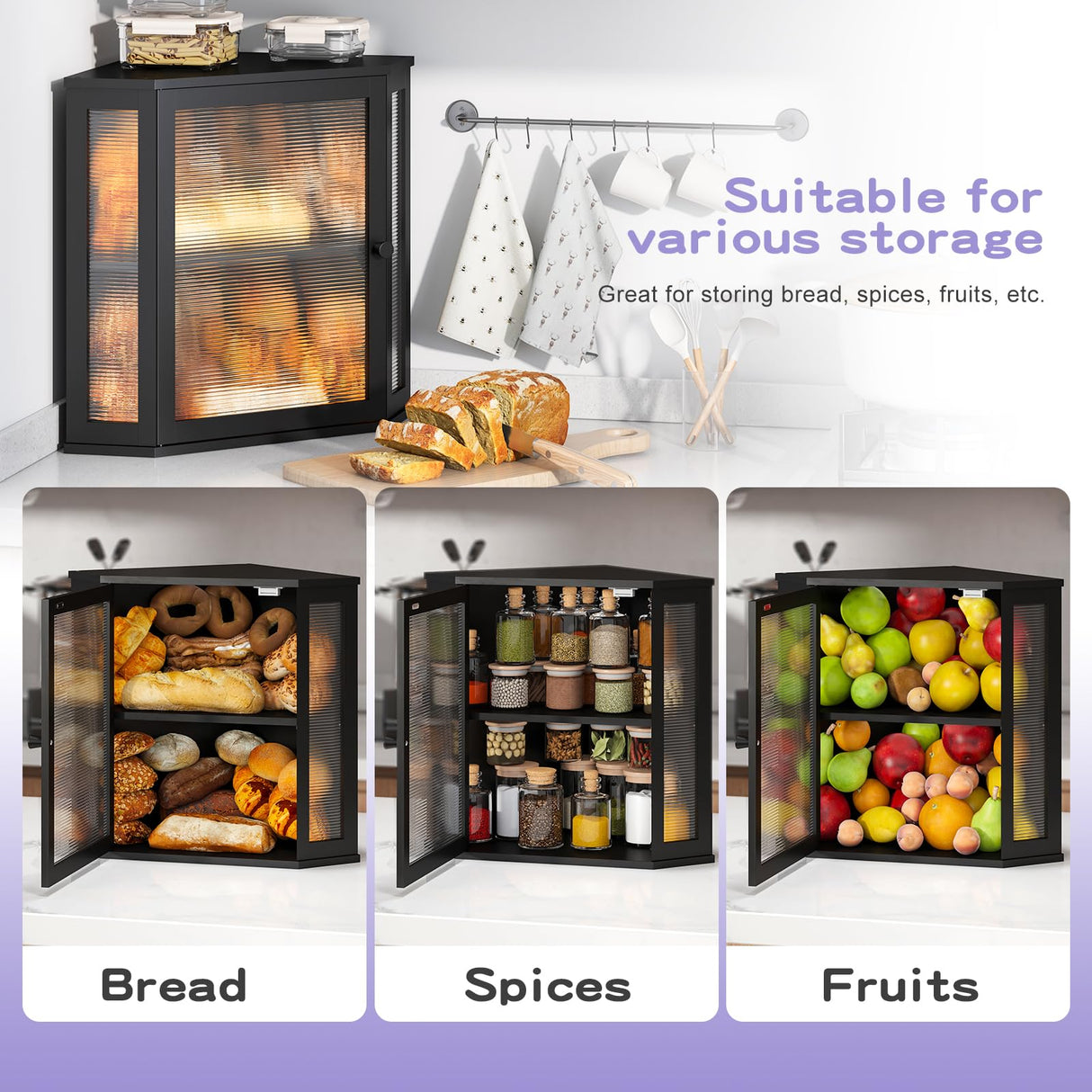 Wieghda Corner Bread box for Kitchen Countertop,Farmhouse Bread Box with Acrylic Wavy Door Panel,Large Bread box for kitchen countertop,Kitchen Countertop Food Storage Container (Black, Extra Large) Wieghda