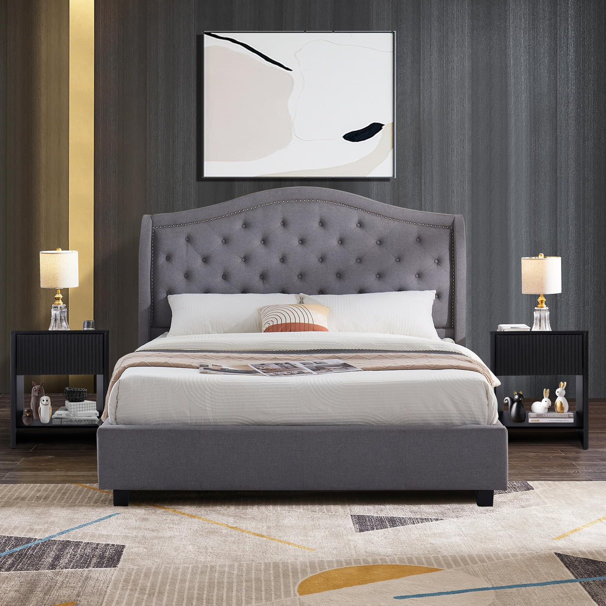 affeivul Modern Night Stand Set 2 with Drawer, Black Nightstand for Bedroom, Small End Table with Storage, Living Room/Bed Side Table with Drawer for Small Spaces, Fluted Cabinet Wood Nightstand affeivul