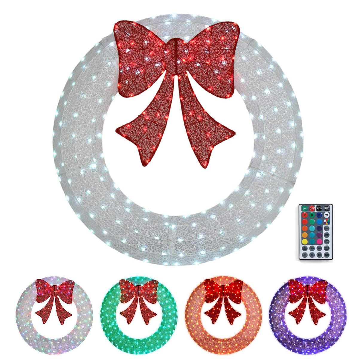 VINGLI 48 Inch Pre-lit Large Christmas Wreath with 224 LED Multi-Color Lights, Christmas Door Wreath for Garage, Outdoor Christmas Wreath with Red Bow, Timer Remote Control, Plug-in, White VINGLI
