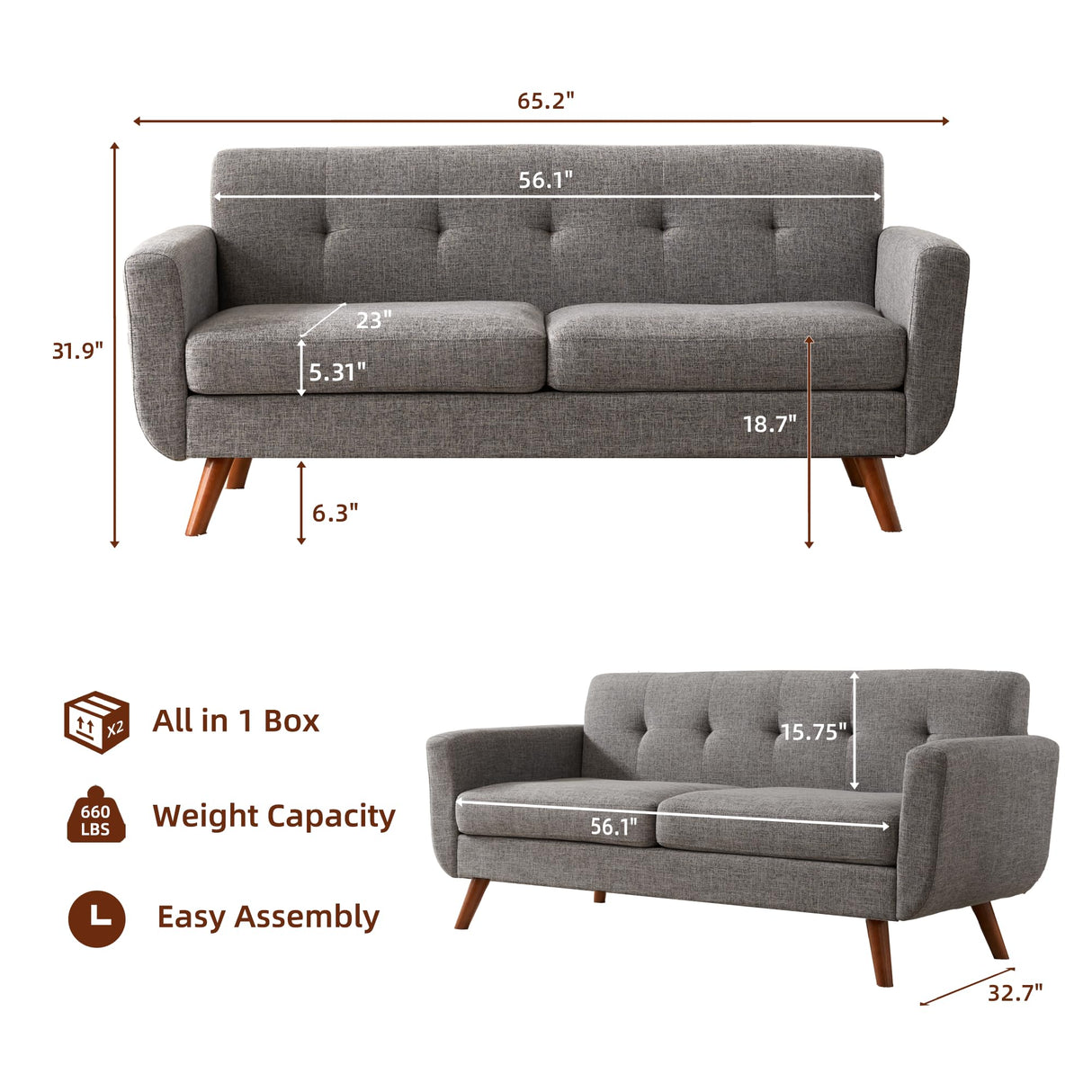Tbfit 65" W Loveseat Sofa, Mid Century Modern Love Seat Couches for Living Room, Button Tufted Upholstered Small Couch for Bedroom, Solid and Easy to Install Love Seats Furniture, Grey Tbfit