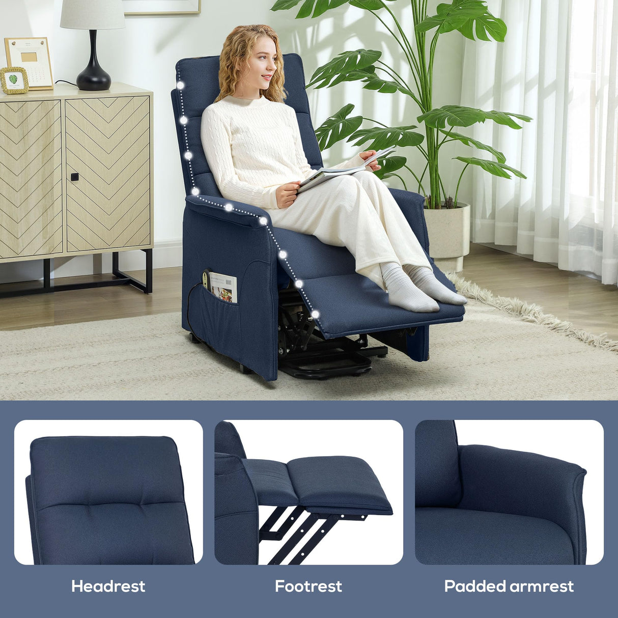 HOMCOM Power Lift Recliner Chair for Elderly, Fabric Lift Chair Sofa with Remote Control, Side Pockets, Pocket Spring, Tufted Back, Quick Assembly, Deep Blue HOMCOM