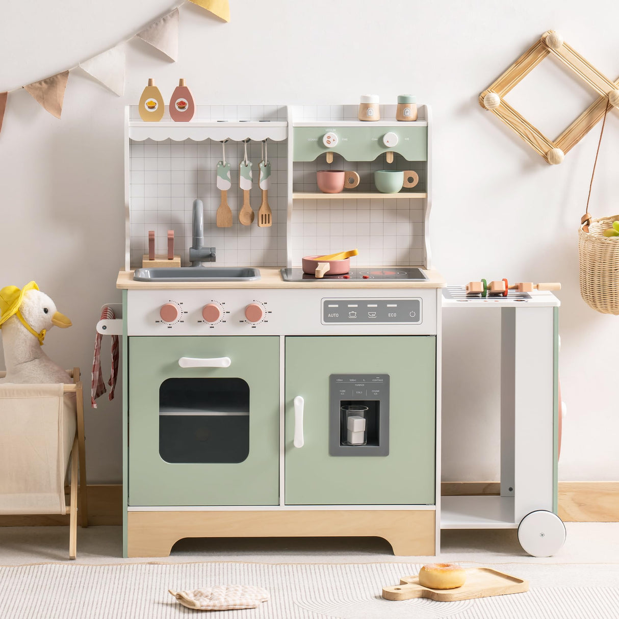 ROBOTIME Wooden Kitchen Playset, Kids Play Kitchen with Ice Maker, BBQ and Dishwasher. Pretend Toddler Kitchen with Lights & Sounds for Ages 3+ ROBOTIME