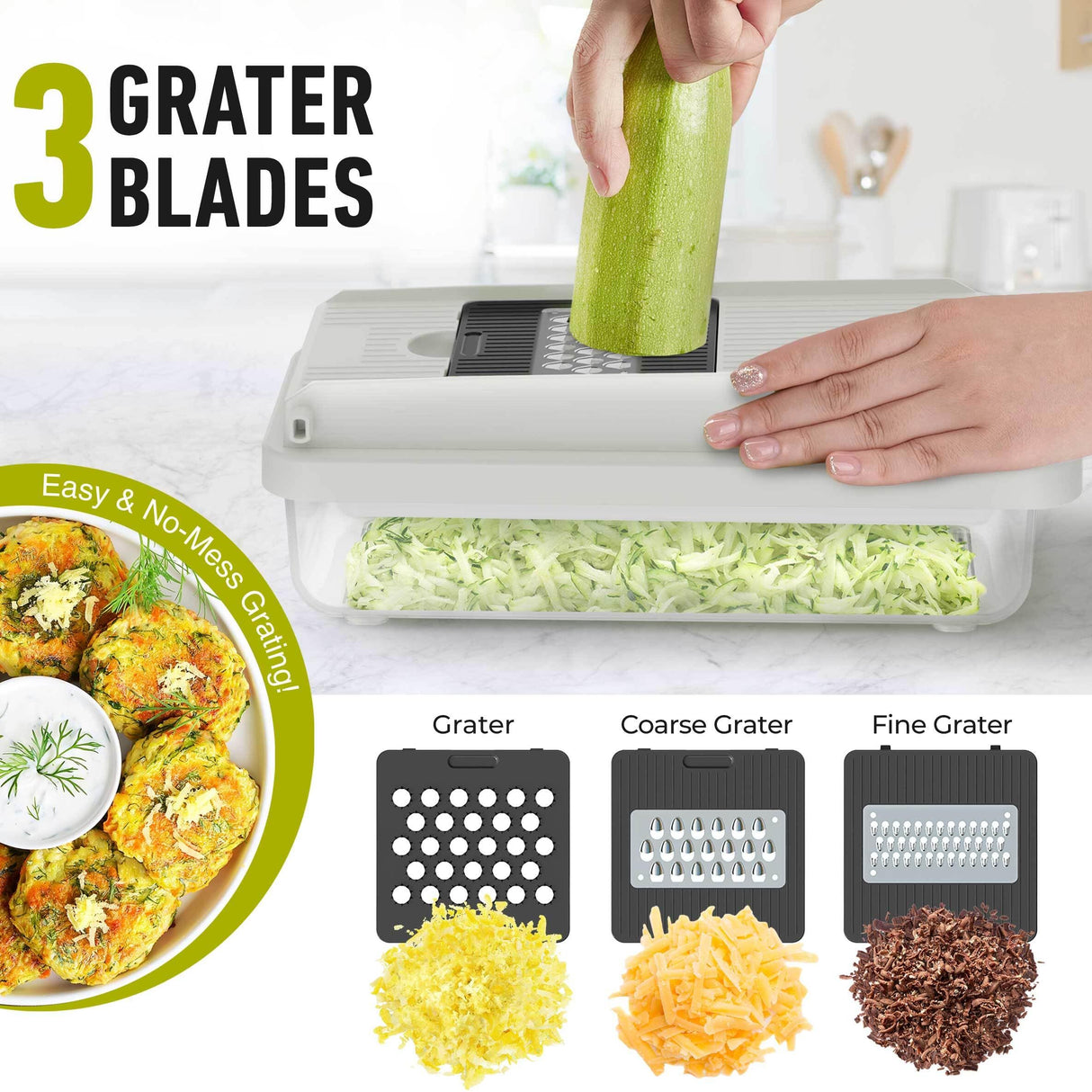 Mueller Vegetable Chopper 9 Blade, Mandoline Slicer, Food Veggie Chopper, Cheese Grater, Onion Vegetable Cutter with Container, Dicer, Kitchen Gadgets & Essentials, White Sand/Grey Mueller
