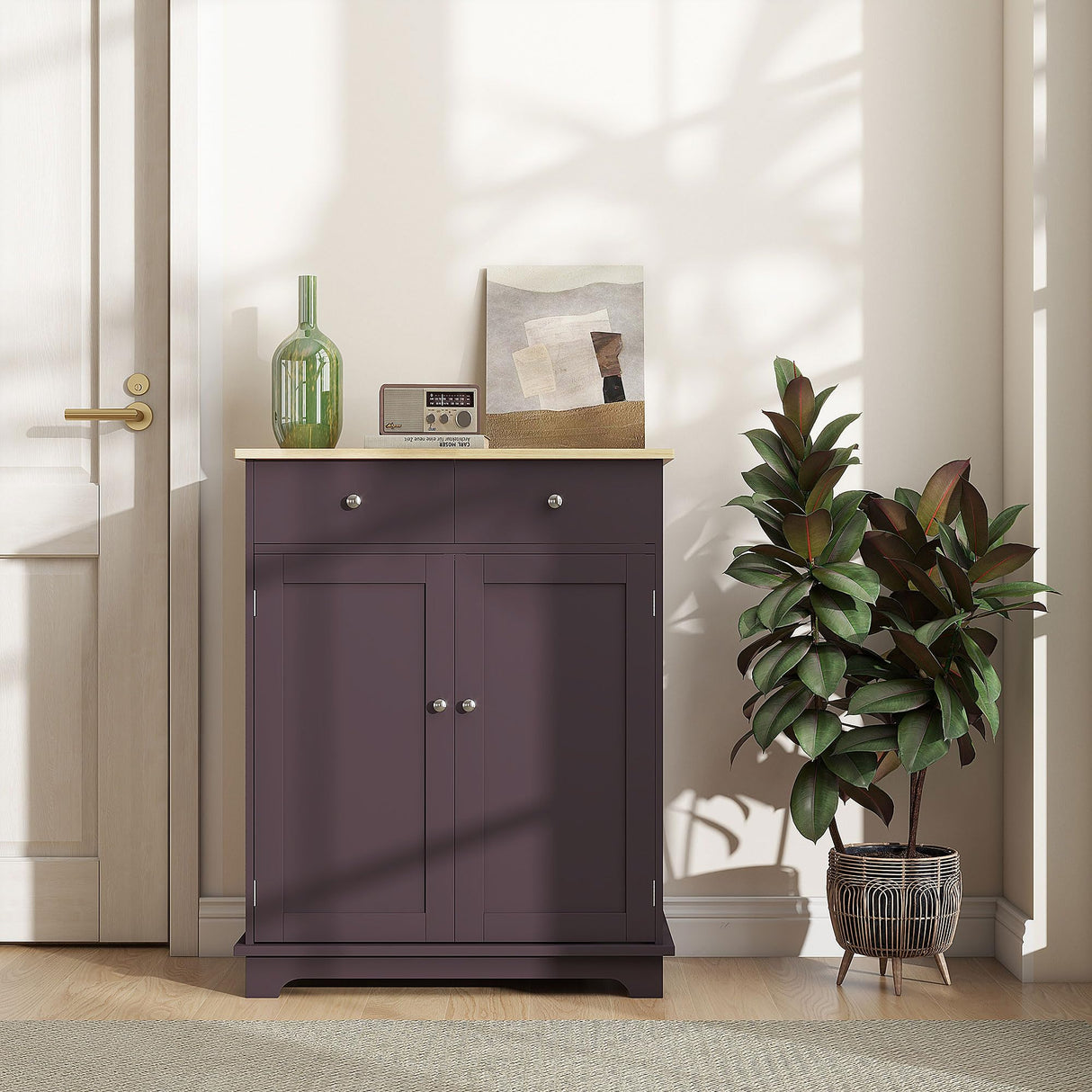 HOMCOM Sideboard with Solid Wood Countertop, Modern Kitchen Storage Cabinet, Coffee Bar Cabinet with 2 Drawers, Doors and Adjustable Shelf, Coffee HOMCOM