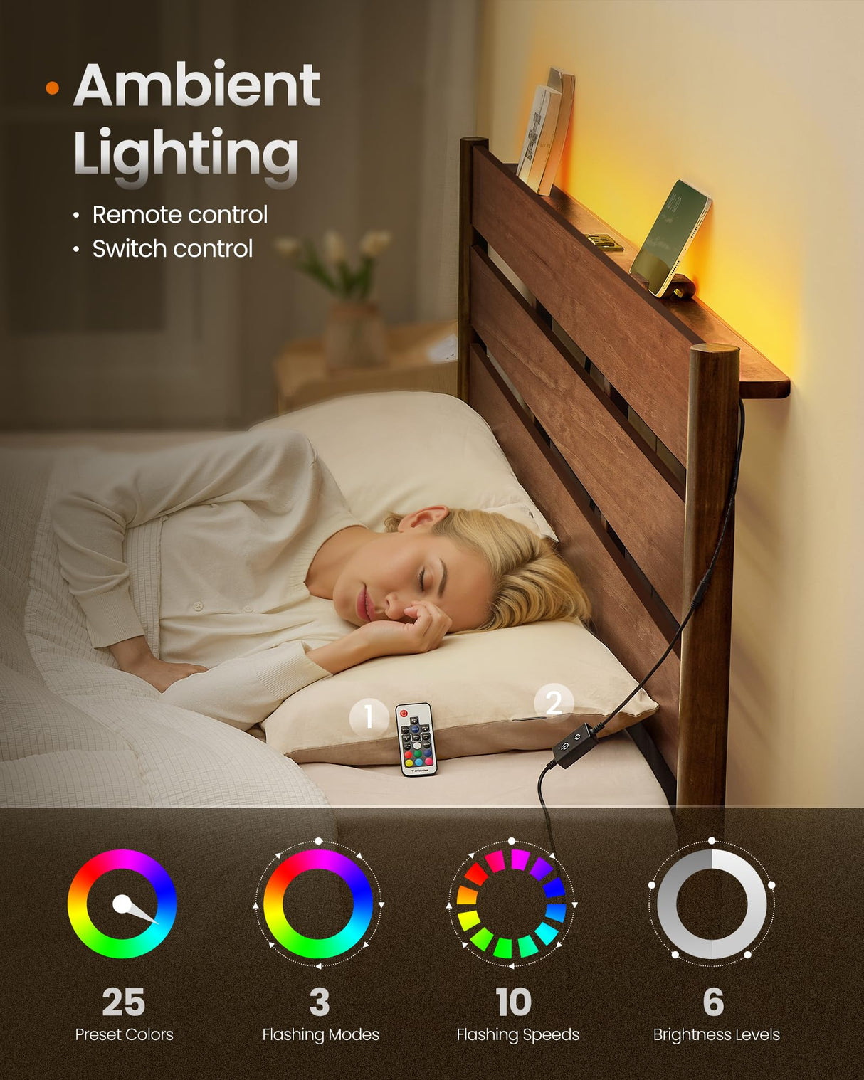 SONGMICS HOME Queen Bed Frame with Solid Wood Legs Slats, Platform Bed with Headboard, LED Lights, Charging Station, Mid-Century Modern Style, No Box Spring Needed, Coffee Brown URMB411K02 SONGMICS HOME