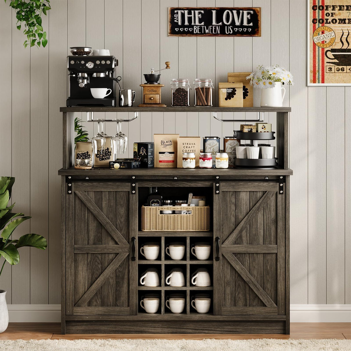 4ever2buy Farmhouse Coffee Bar with LED Lights, 47 inch Coffee Bar Cabinet with Storage, Wine Bar Cabinet with Glass & Wine Racks for Living, Dining Room, Grey 4ever2buy