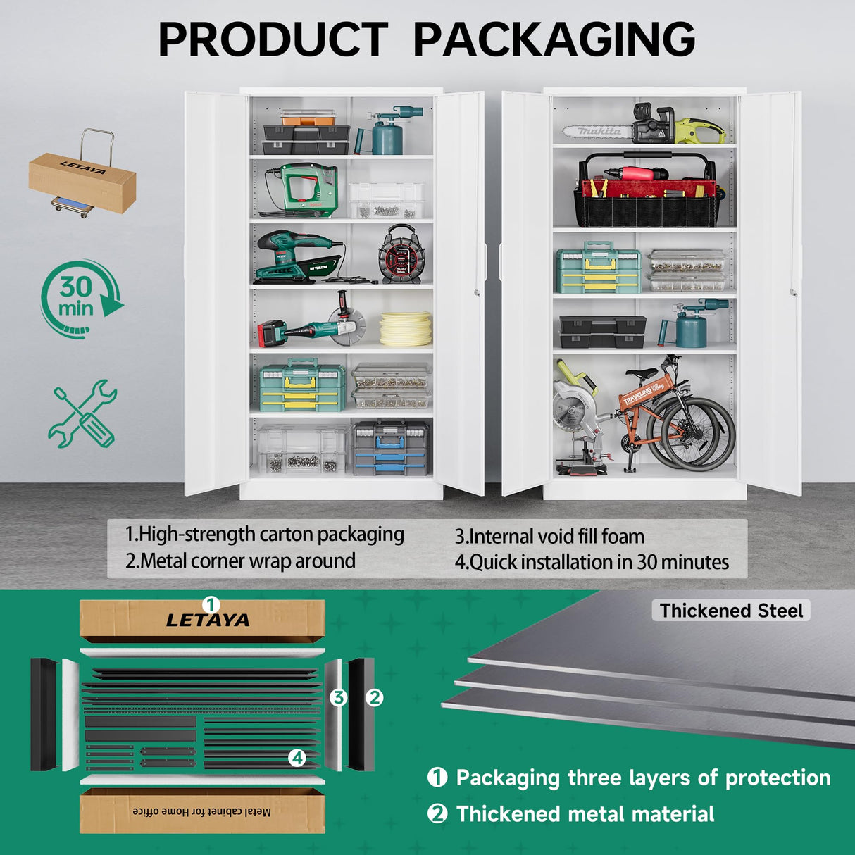 Letaya Metal Storage Cabinets with Lock Door,Steel Locker Garage Cabinets 5 Adjustable Shelves for Home,Office, Warehouse(White) Letaya