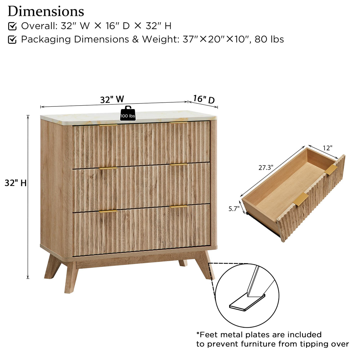 T4TREAM Fluted 3 Drawer Dresser, 32" Tall Modern Chest of Drawers with Faux Marble Top, Curved Profile Design, Wood Drawer Organizer for Bedroom, Living Room, Hallway, Entryway, Natural Oak T4TREAM