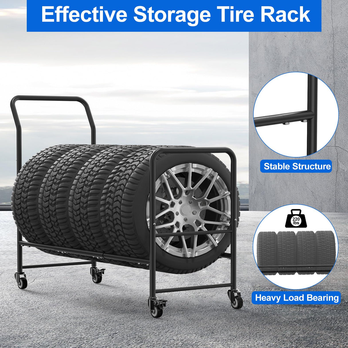Rolling Tire Rack Adjustable,Metal Tire Storage and Transport Trailer,Heavy Duty Tire Holder,Mobile Tire Storage Shelf Cart with 4 Wheel,Garage/Workshops/Repair Shop Tire Stand Spare Tire Carrier Shinoske