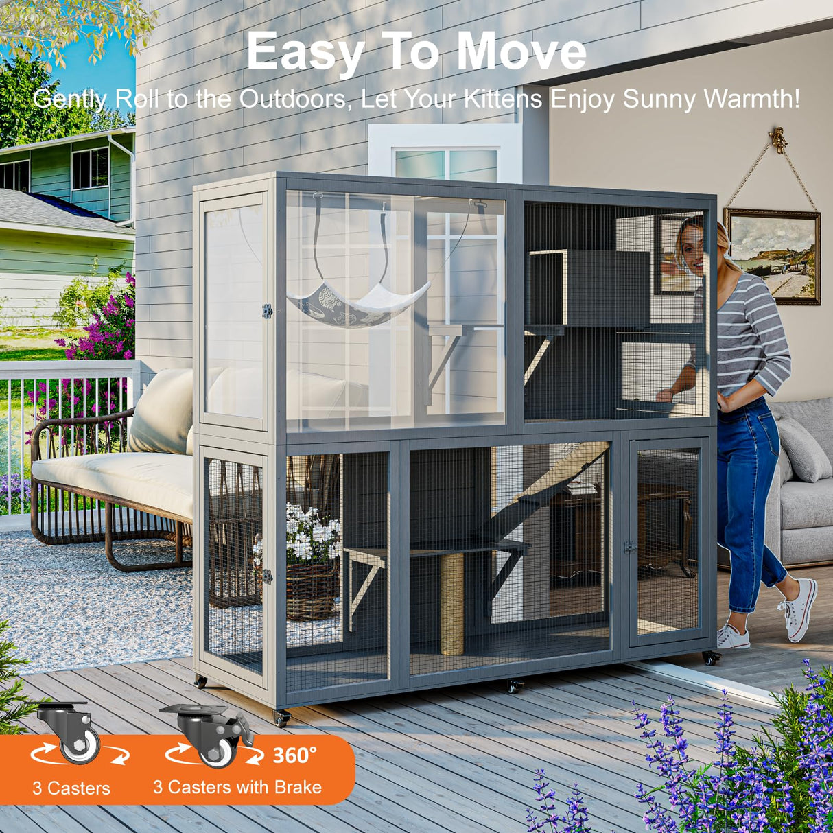 TIMHAKA Large Indoor Catio with Wheels, 4 Tier Cat Enclosures House for Outdoor Sunbathing, 66" Multi-Feature Wooden Kitty Cage for Patio with 4 Access Doors, Gray TIMHAKA