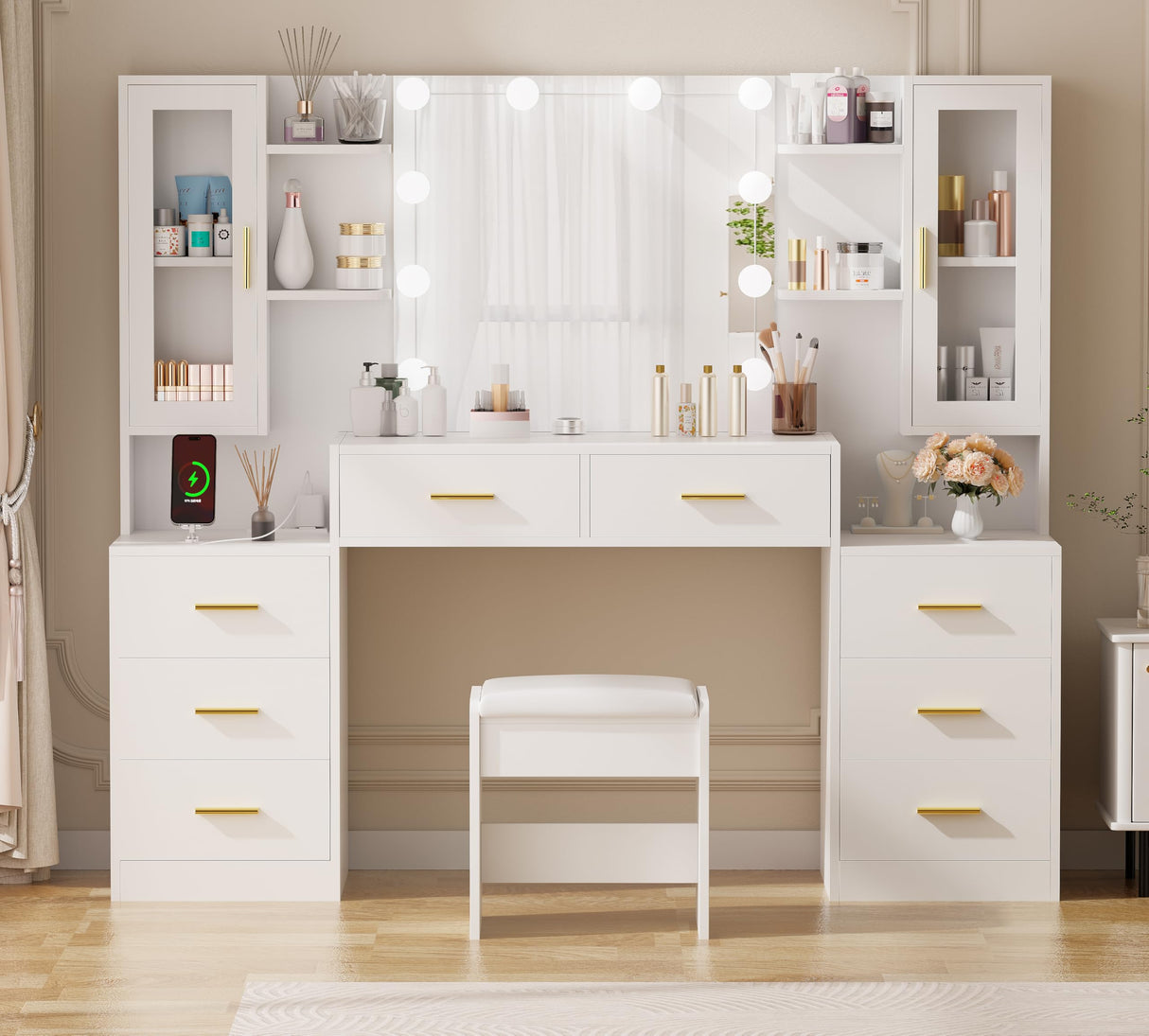 ANWBROAD 59.1" Large Vanity Desk Table with Mirror & Lights White Makeup Vanity with Power Outlet and 8 Drawers 2 Cabinets 3 Lighting Modes Adjustable Vanity Table for Bedroom Dressing Room UBDT67W ANWBROAD