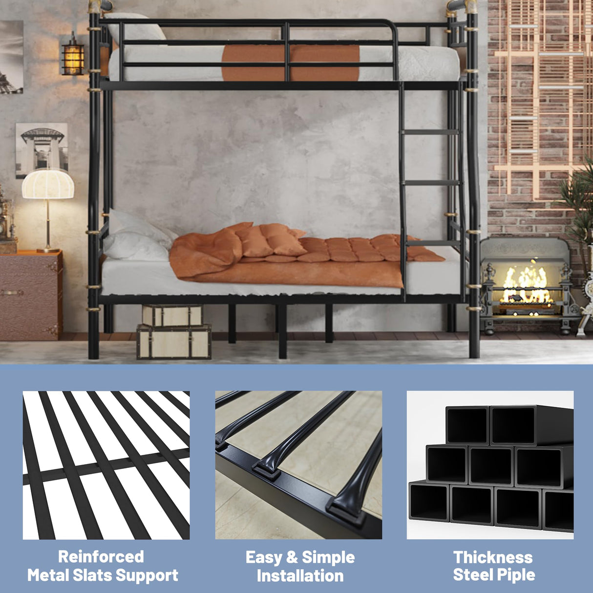 Full XL over Queen Bunk Beds for Teens or Adults ,Industrial Heavy-Duty 2 IN 1 Metal Convertible Bunk Bed with Ladder and Slats Support ,15.9" High Guard Rail,Space-Saving ,Noise Reduced,Black Mirightone