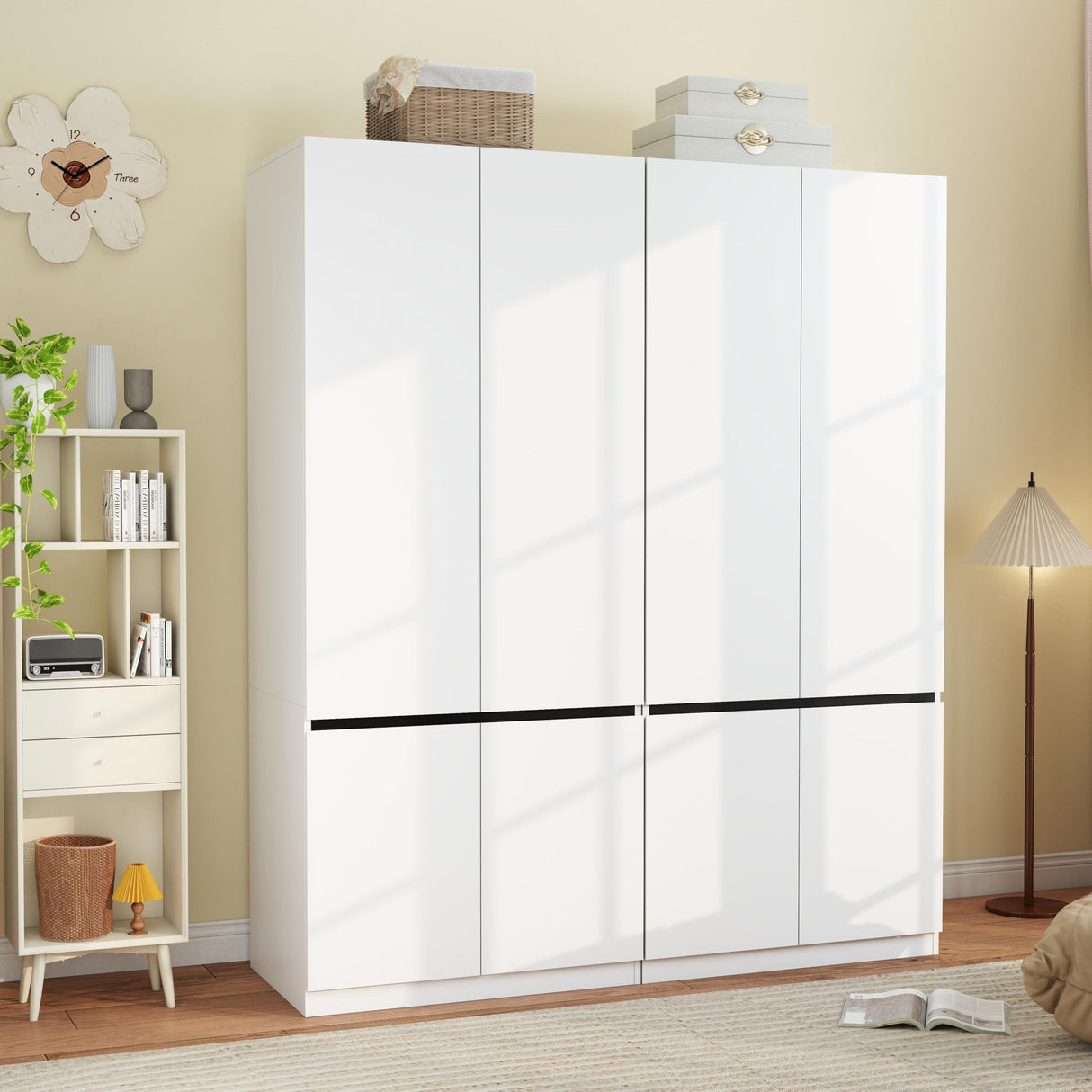 Mhsatyrs Armoire Wardrobe Closet with Doors: 75" White Large Wardrobe Closet with 4 Doors, Clothes Cabinets for Bedroom Armoires with Storage, Wood Wardrobes Closets for Hanging Clothes (C+C, 63") Mhsatyrs