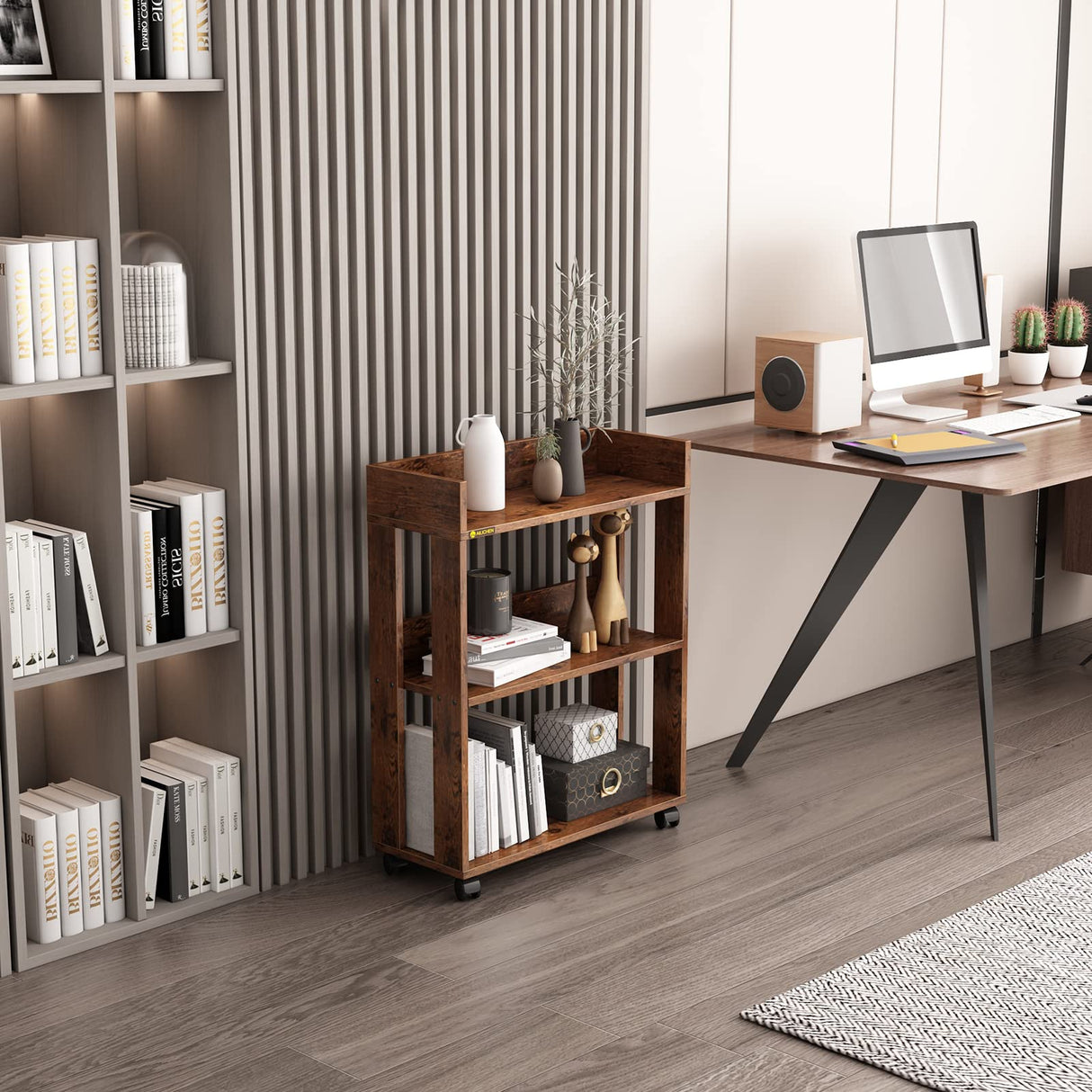 ALISENED 3 Tier Nightstand with Wheels, Wood Small Bookshelf and Bookcase, Farmhouse Bedside End Table with Storage Rack for Bedroom, Library, Living Room, Home, Office Cart, Rustic ALISENED