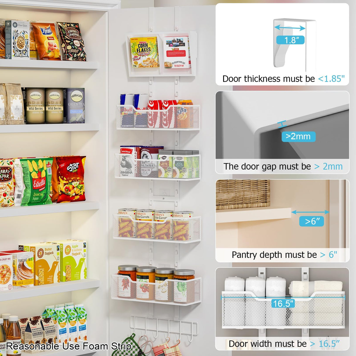 Hongtamoya Adjustable Over The Door Organizer, Hanging Door Storage with PVC Pocket and 4 Metal Baskets Wall Mount, Behind Door Rack for Bathroom Pantry Cabinet Bedroom Closet, White Hongtamoya