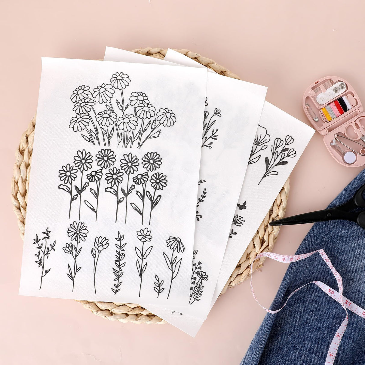 JIYIN 3 Sheets of Water Soluble Embroidery Stabilizers, A4 Water Soluble Stabilizer for Embroidery Patterns, Adhesive Daisy Leaves Butterfly Embroidered Transfer Paper Washable for Hand Sewing JIYIN