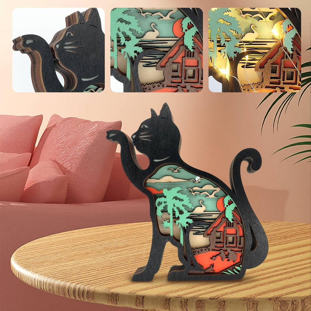 Drawelry 3D Wooden Carving Animals Lamp - Creative Fox Squirrel Wood Carved LED Night Light Garden Yard Wooden Animals Sculpture Ornaments Desktop Home Decor Birthday Gifts for Family Friend (Cat) Drawelry