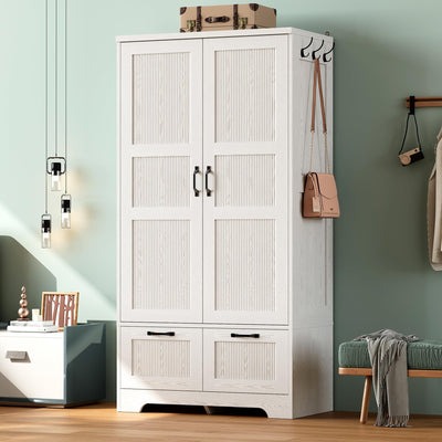 ANCTOR Armoire Wardrobe Closet, 71" H Wooden Clothing Storage Cabinet with 2 Doors and 2 Drawers, Bedroom Freestanding Wardrobe Combination with Hanging Rod and Adjustable Shelves, White