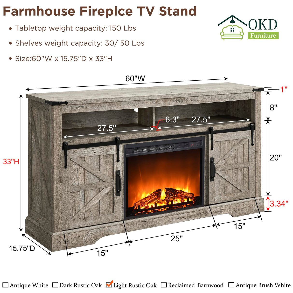 OKD Fireplace TV Stand for 65+ Inch TV, 33" Tall Highboy Farmhouse Entertainment Center w/ 23'' Electric Fireplace, Rustic Media Console w/Sliding Barn Door for Living Room, Light Rustic Oak OKD