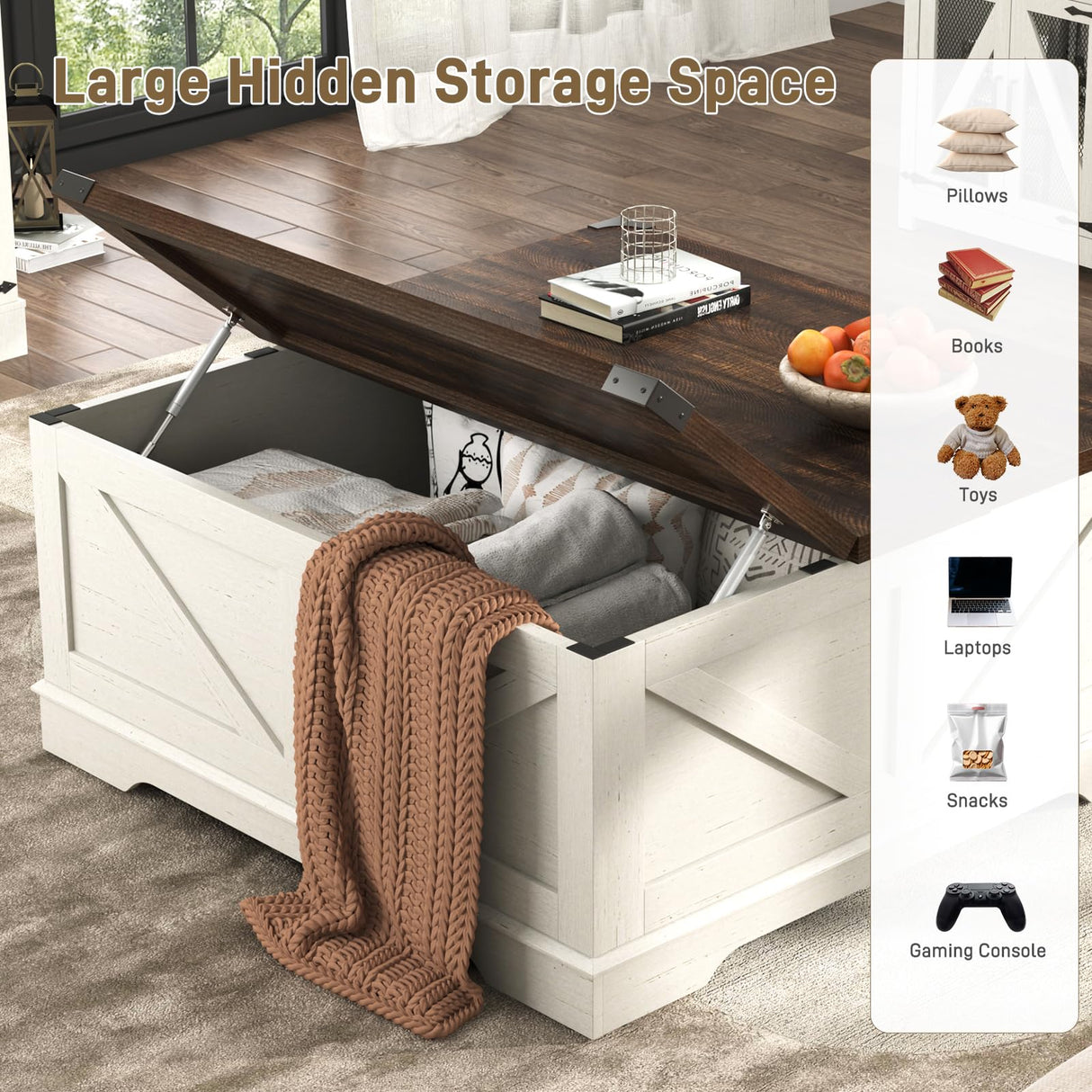 Hlivelood 40” Large Farmhouse Lift Top Coffee Table with Power Outlets and Large Hidden Storage, Square Wood Living Room Tables, Multi-Function Lift Wooden Barn Door Center Table, Rustic White Hlivelood