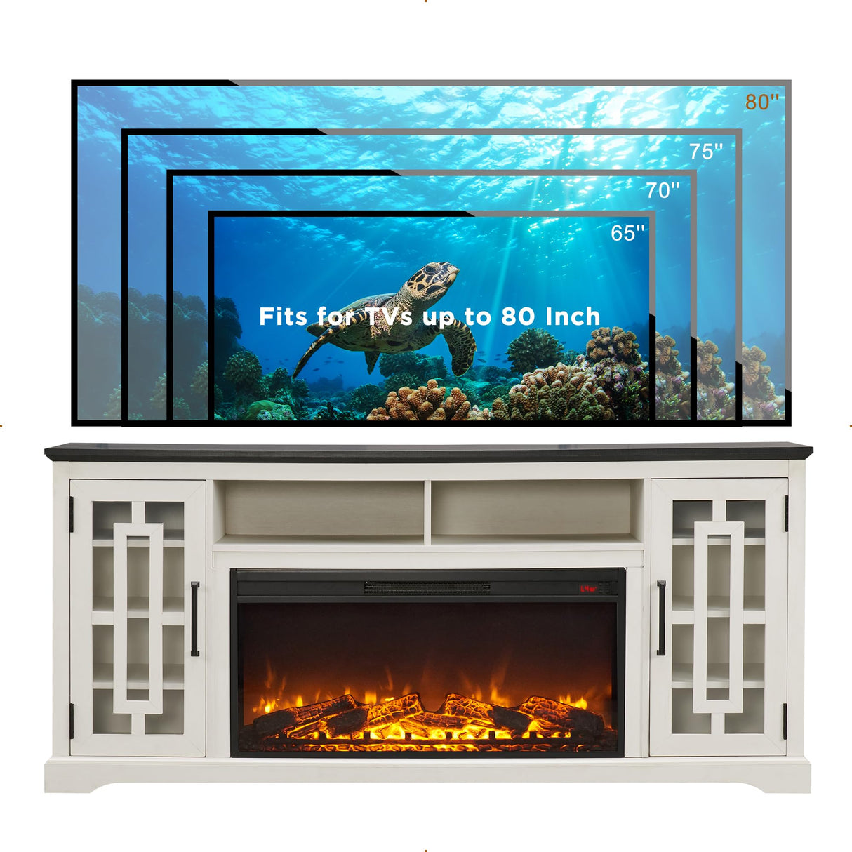 JXQTLINGMU Fireplace TV Stand with 36" Electric Fireplace for 80 Inch TV, Farmhouse 32" Tall Highboy Entertainment Center w/6 Shelves, Modern Media Console w/Storage for Living Room, Distressed White JXQTLINGMU