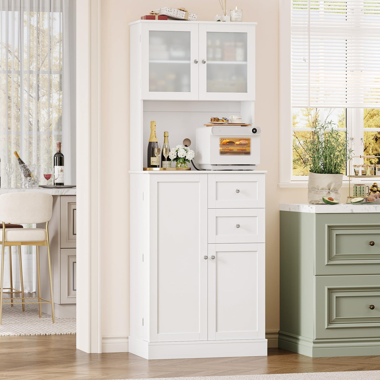 BOTLOG 72" Pantry Cabinet, Tall Storage Cabinet with Microwave Stand, Modern Kitchen Hutch with Glass Doors and Adjustable Shelf for Kitchen, Dining Room, White BOTLOG