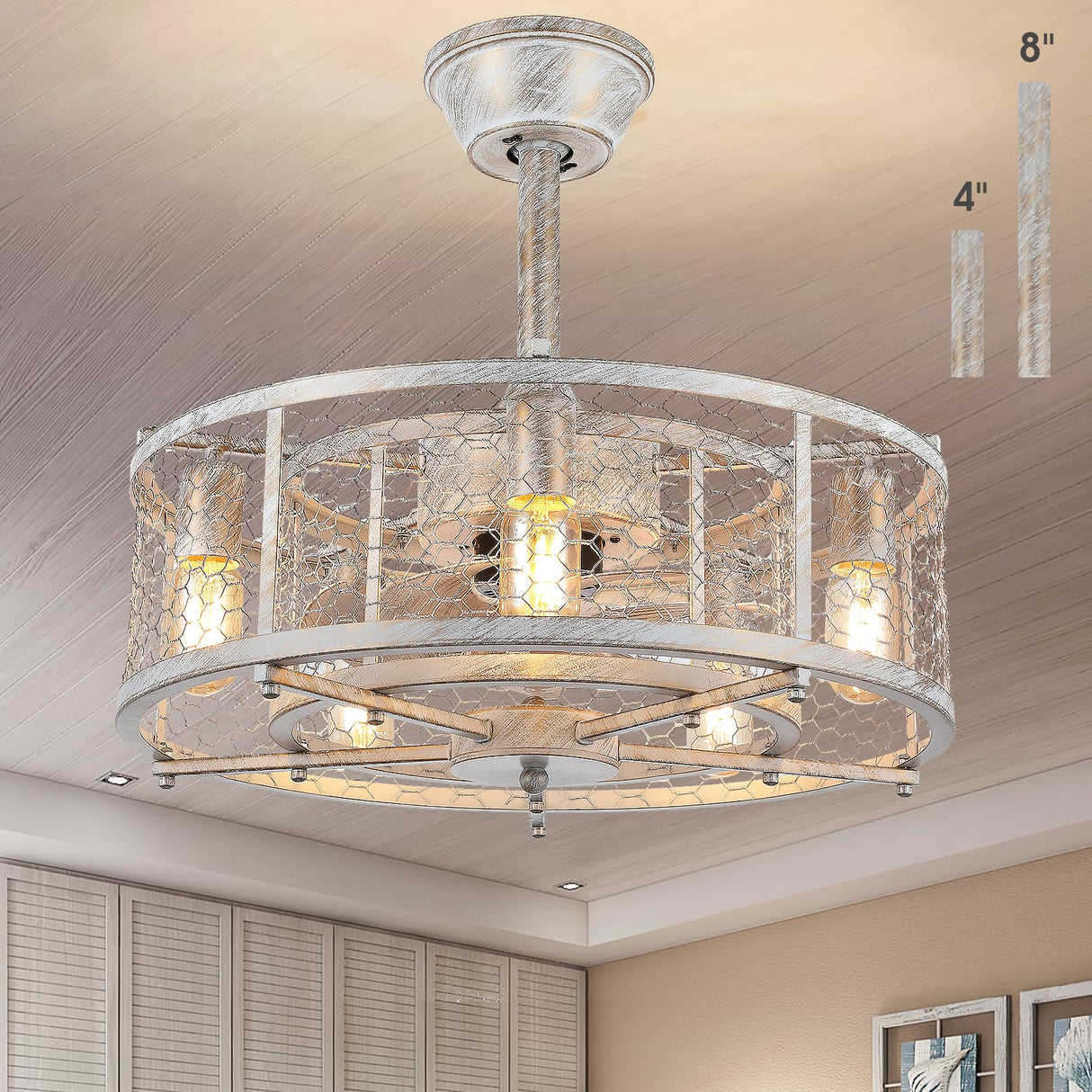 MADSHNE 20" Retro Caged Ceiling Fan with Lights and Remote, Small Farmhouse Ceiling Fan Light, White Rustic Enclosed Bladeless Fan for Bedroom, Kitchen MADSHNE