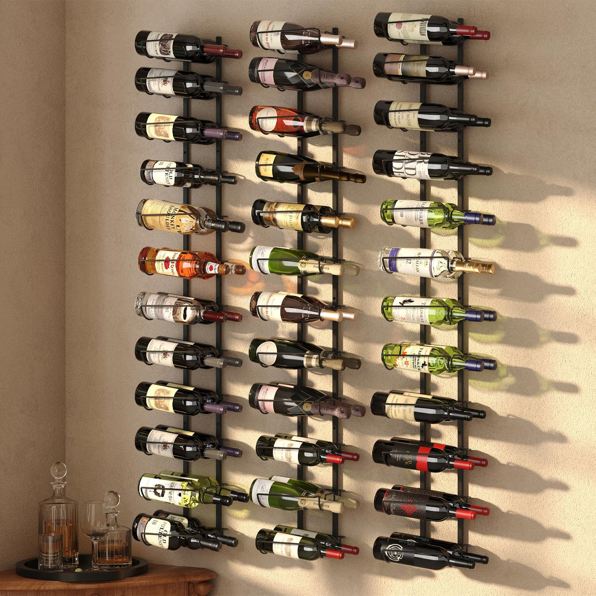 JKsmart 24 Bottles Wall Mounted Wine Rack, Adjustable Height Wine Rack Wall Mounted for Wine Bottles, Liquor, Champagne, Matte Metal Black Wine Wall Rack for Kitchen, Pantry, Bar, Wine Cellar JKsmart