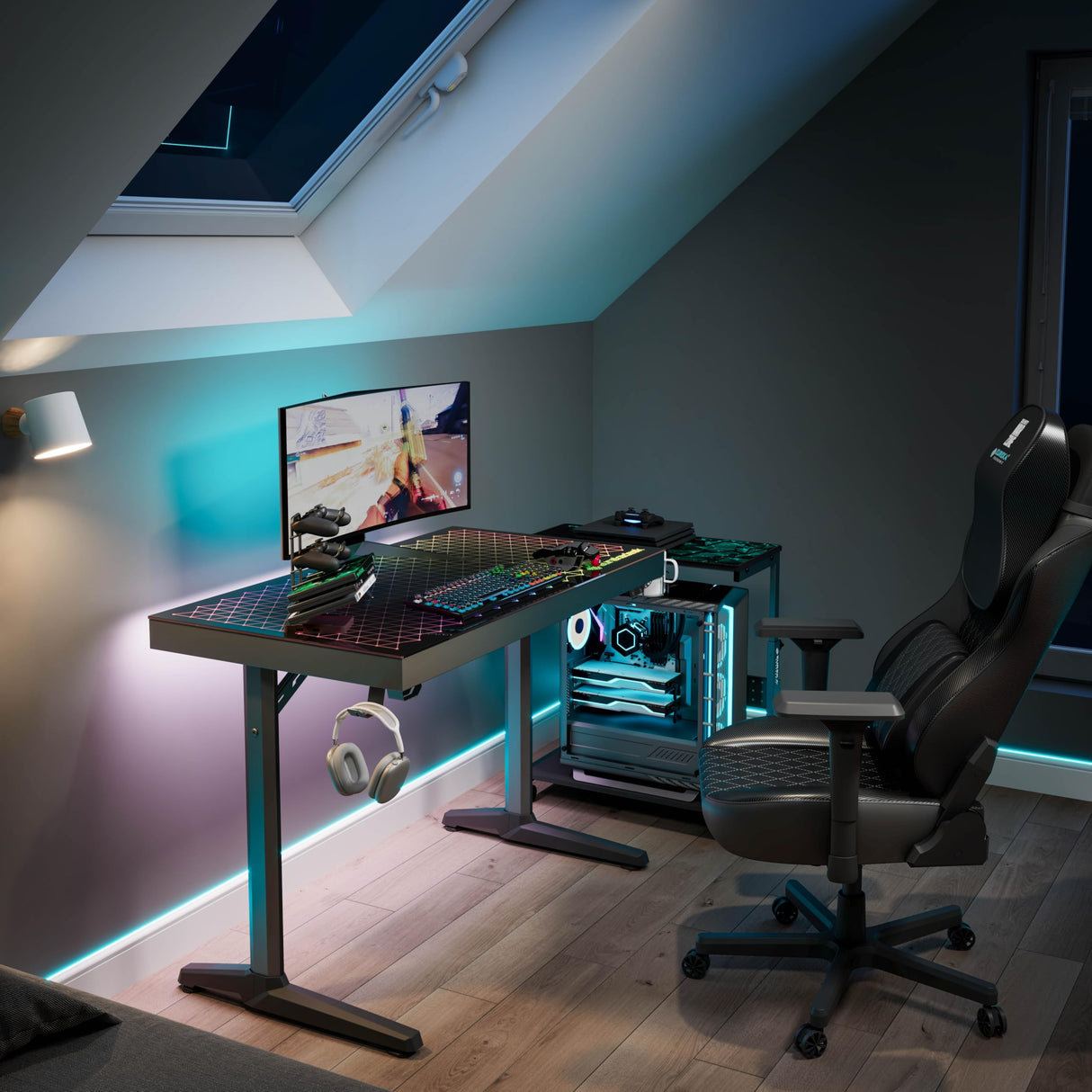 EUREKA ERGONOMIC RGB LED Gaming Desk, Music Sync Lights Up Tempered Glass Desktop, 43" GTG I43 Home Office Computer Table W Controller Rack 4 USB Charging Ports, APP Control EUREKA ERGONOMIC