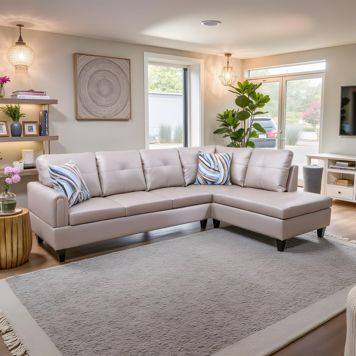 NicBex Sectional Couch 2 Pieces 66.5" L Sofa with Right Chaise Faux Leather L Shaped Cloud Couch for Living Room Furniture Sets with Cushion, Modular Sofa for Living Room & Small Apartment, Latte NicBex