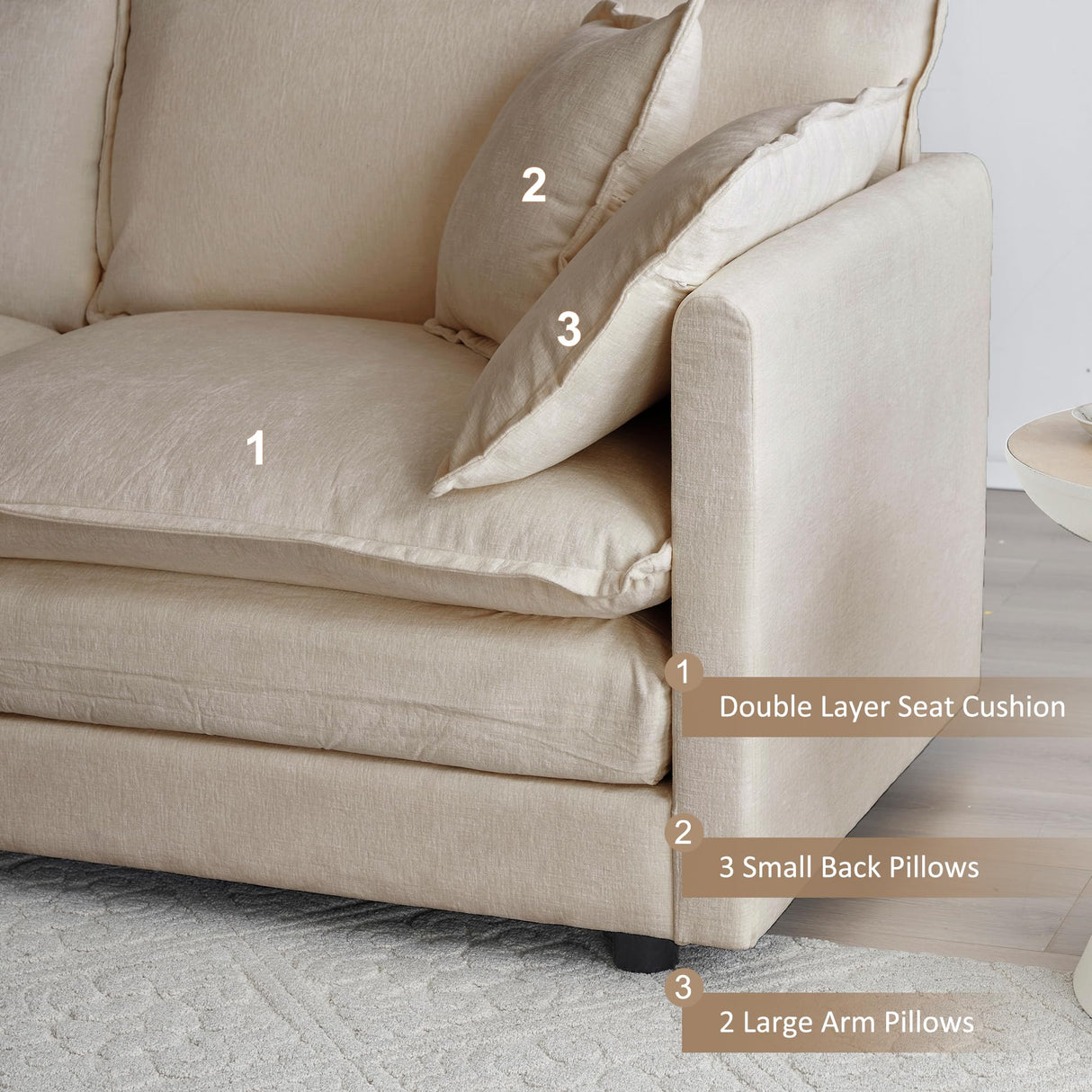 Tmsan 111.5" Oversized Deep Seat Sectional Sofa, Modern Chenille Cloud Couch, Large 3 Seater Modular Sofa with 5 Pillows for Living Room Bedroom Apartment Office Tmsan