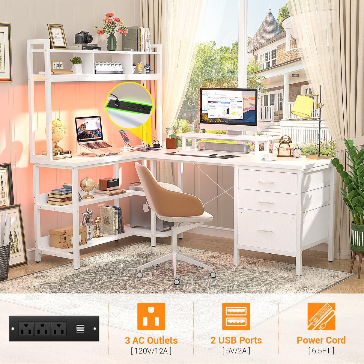 Aheaplus L Shaped Gaming Desk with Hutch and LED Lights, Reversible Design, Power Outlet, and Ample Storage in White Aheaplus