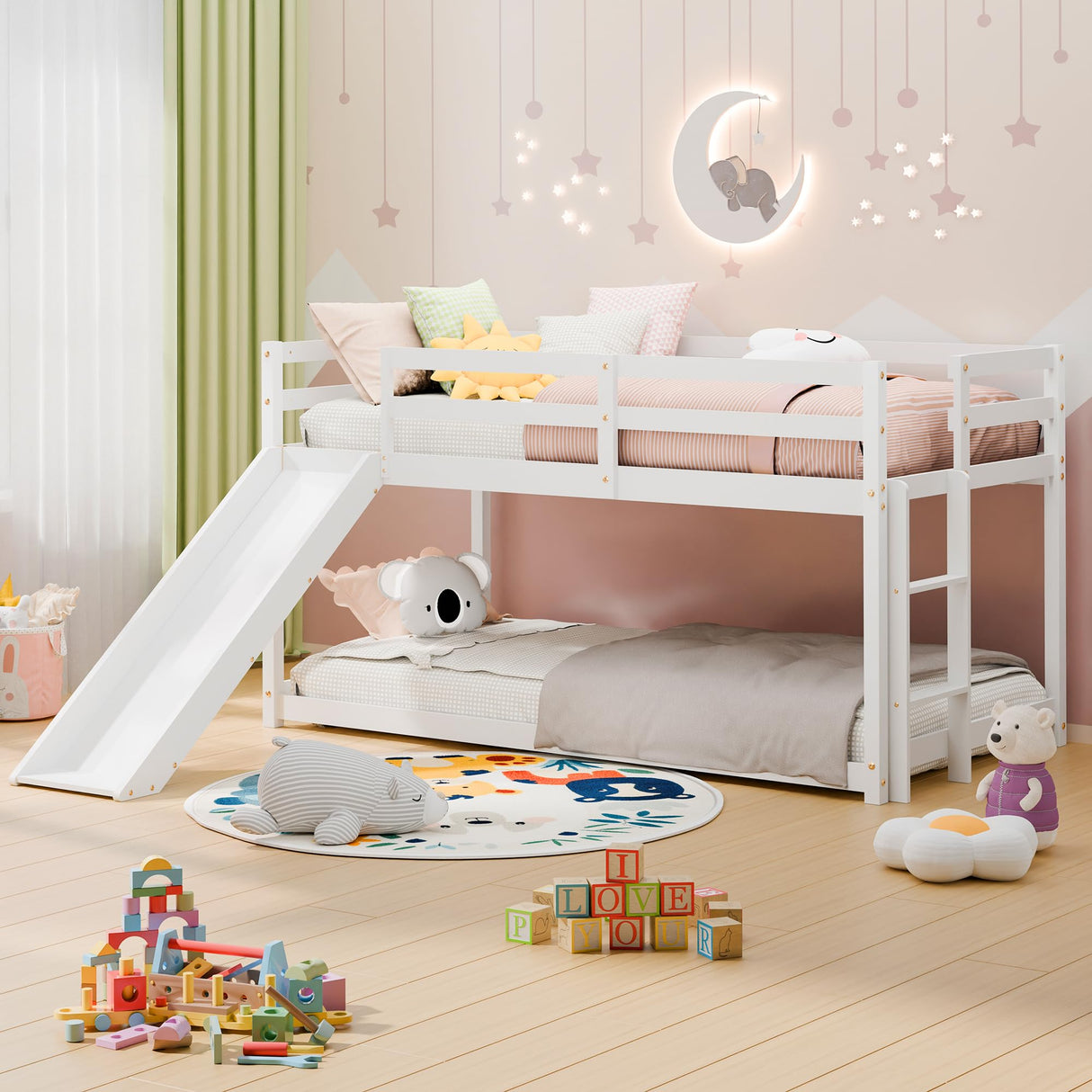 MU Twin Bunk Bed with Slide, Wood Low Bunk Bed Frame with Climbing Ladder & Safety Guard Rail, Floor Loft Bed with Lower Storage Space for Kids Toddler, White MU
