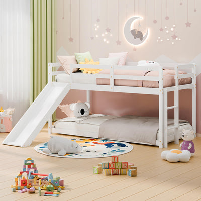 MU Twin Bunk Bed with Slide, Wood Low Bunk Bed Frame with Climbing Ladder & Safety Guard Rail, Floor Loft Bed with Lower Storage Space for Kids Toddler, White
