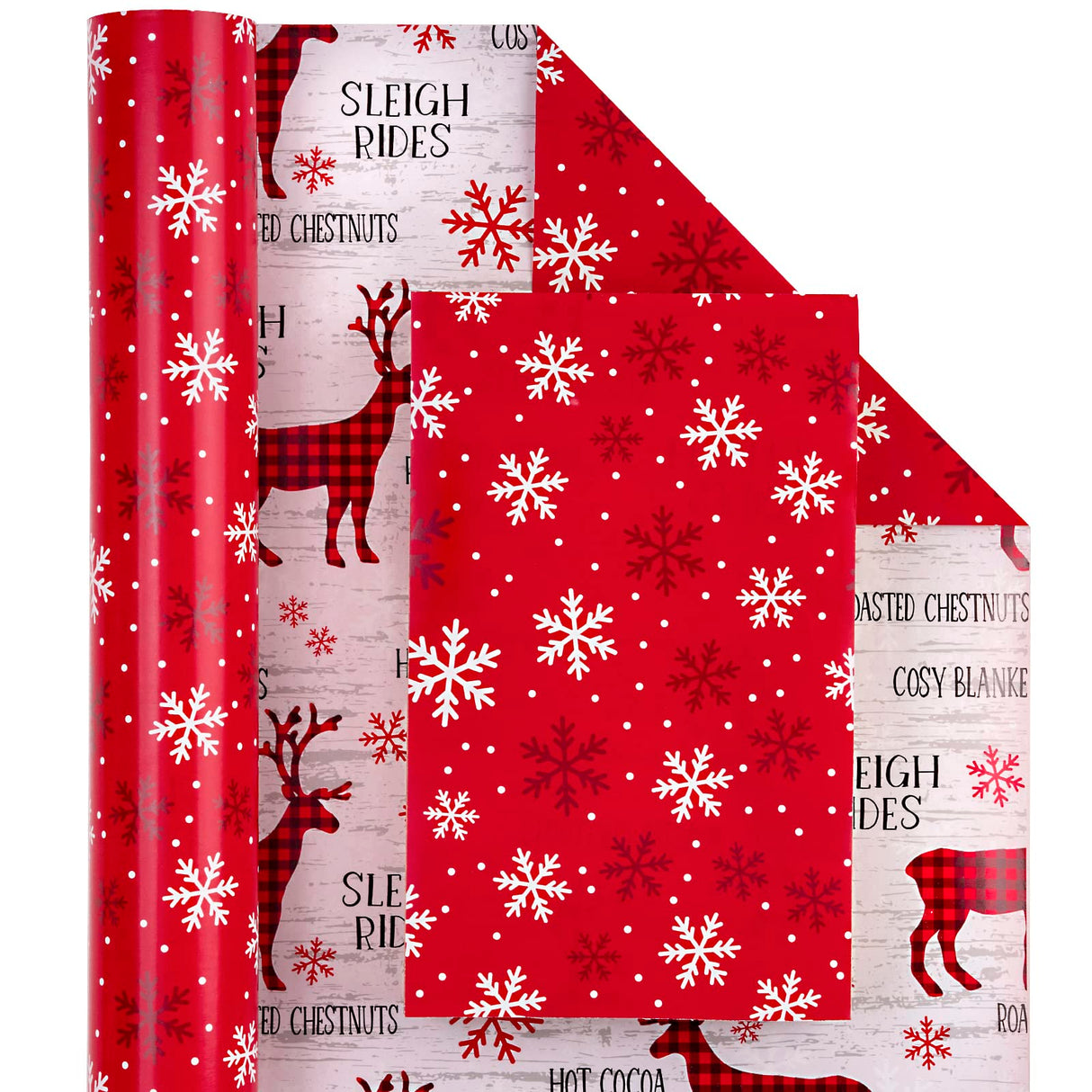 WRAPAHOLIC Reversible Christmas Wrapping Paper Roll - Mini Roll - 17 Inch x 33 Feet - Red White Reindeer and Snowflake Wrapping Paper for Christmas, Holiday, Party WRAPAHOLIC