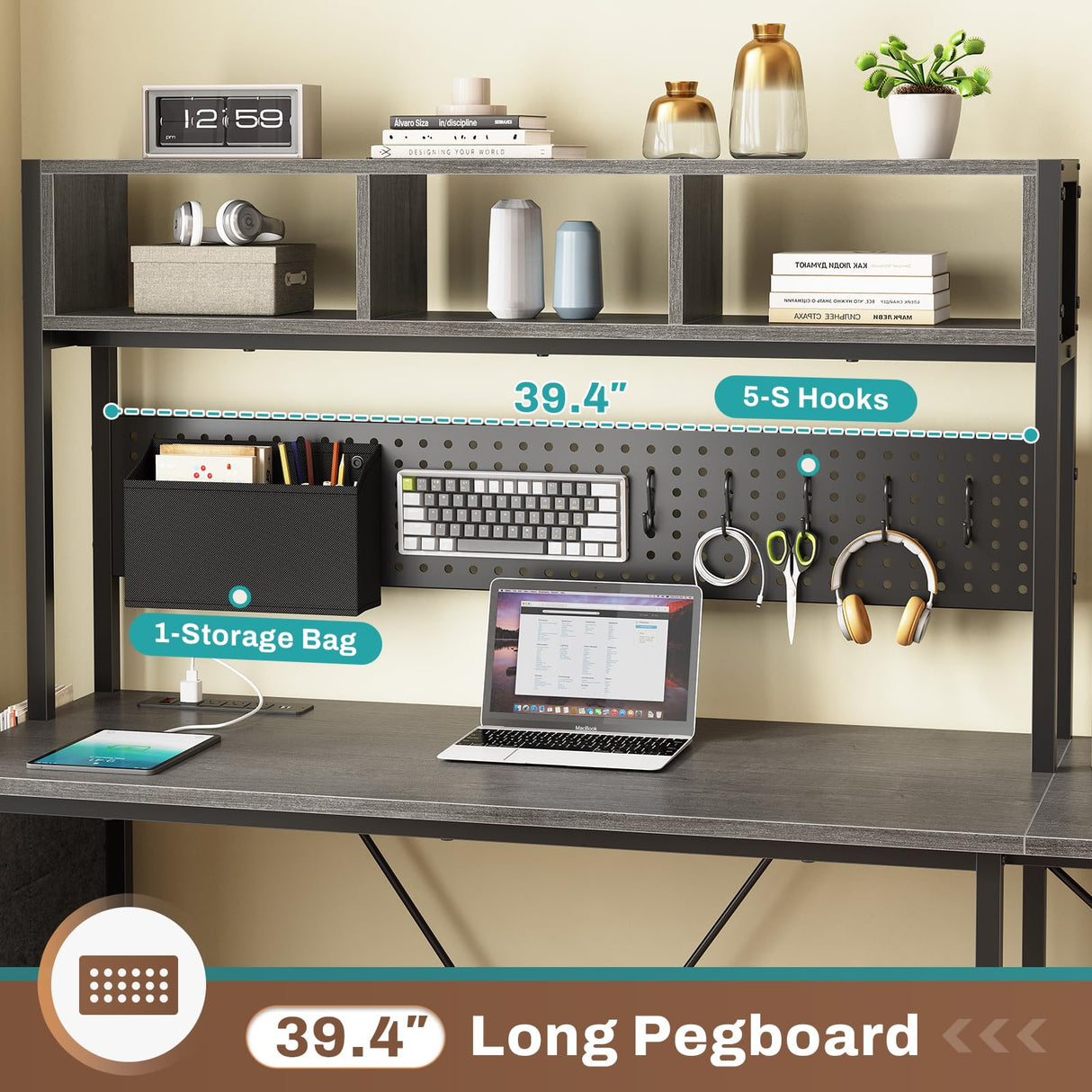 SEDETA L Shaped Gaming Desk with Hutch, 57.5” Reversible Home Office Desk with Power Outlet and Pegboard, Gaming Computer Desk with Keyboard Tray and LED Lights and Storage, Grey SEDETA